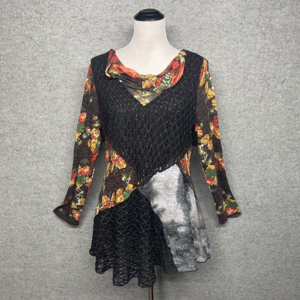Womens L Boho Floral Crochet Patchwork Cowl Neck Long Slv Phoebe Whimisgoth 90s - Picture 2 of 8